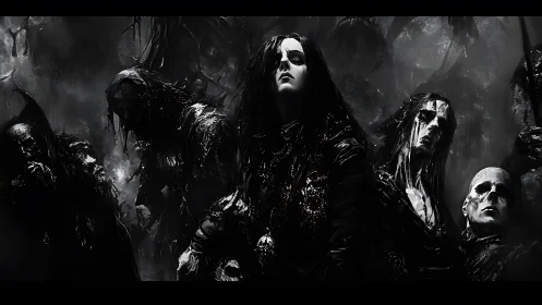 Haunting dark ensemble standing proud in stormy shadows.