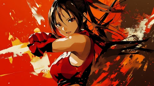 Confident anime fighter framed in bold red energy strokes.
