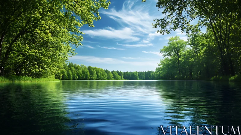 Sunlit forest lake under bright swirling summer skies.