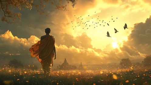 Monastic silhouette in volumetric golden-hour atmospheric bloom.