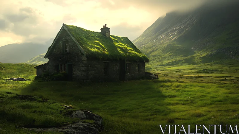 Moss-roof stone cottage glows softly in misty green valley