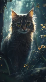 Wild tabby cat glows in backlit forest clearing twilight