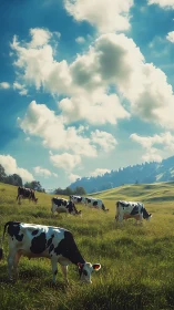 Dairy cattle graze on sloped grassland under cumulus clouds