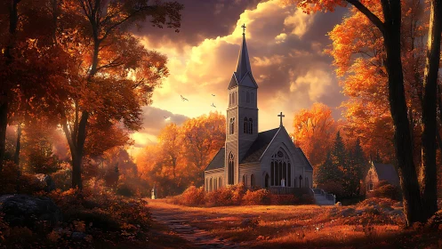 Gothic country church glows amid high-contrast autumn foliage