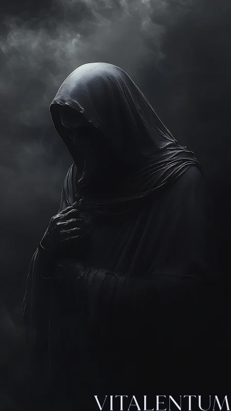 Hooded wraith shrouded in shadows contemplates the abyss