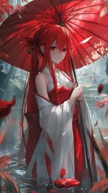 Scarlet kimono girl under parasol in reflective water garden.