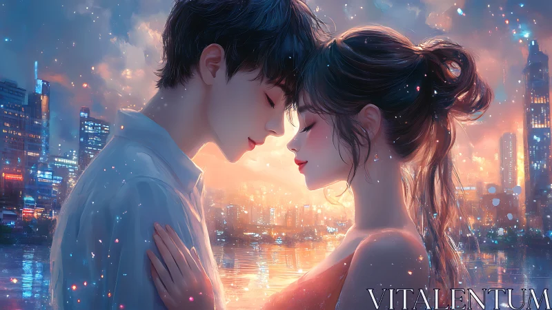 Two animated figures in intimate moment above illuminated cityscape.