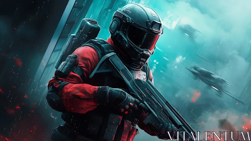 Heavily armored sci fi soldier advances through neon fogged warzone