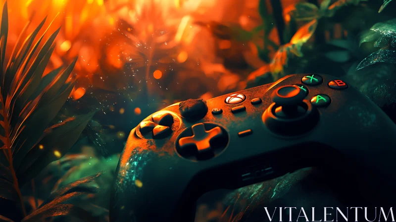 Game controller in glowing jungle themed fantasy scene.
