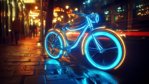 Cyan and amber neon-illuminated fixed-gear bicycle on nocturnal urban street