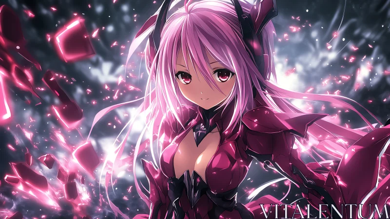 Pink-armored anime heroine amid glowing crystalline shards.