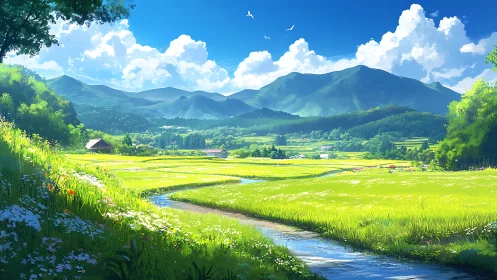 Radiant alpine rice terraces with meandering irrigation stream.