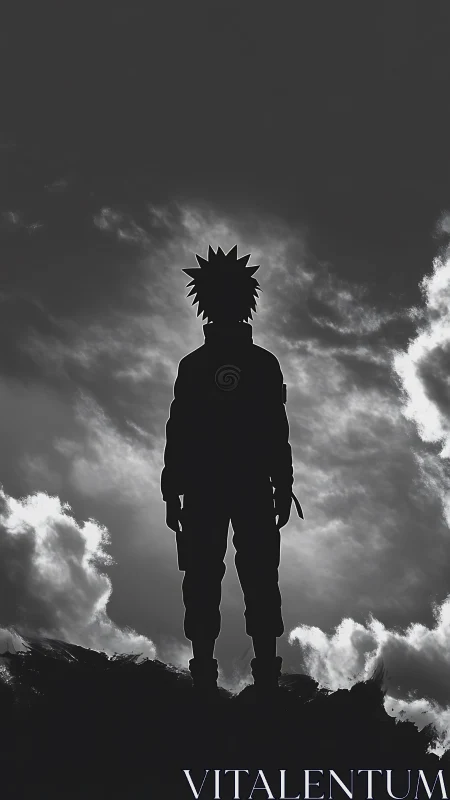 Silhouetted spiky‑haired warrior standing against storm clouds.