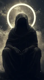 Haloed Shadow Prophet seated in swirling spectral dusk.