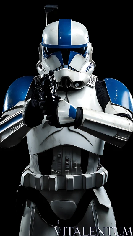 Clone trooper in blue-marked armor holding blaster rifle.
