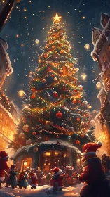 Enchanting town Christmas tree glowing with holiday cheer.
