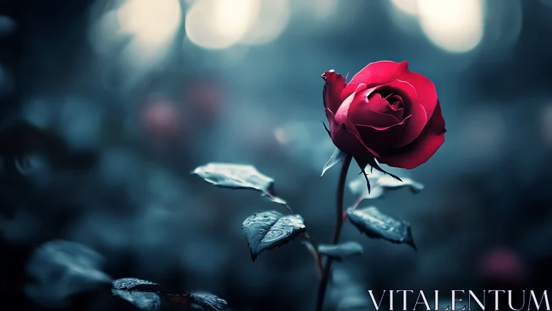 Crimson Rose Against Twilight Bokeh. Deep Tones.