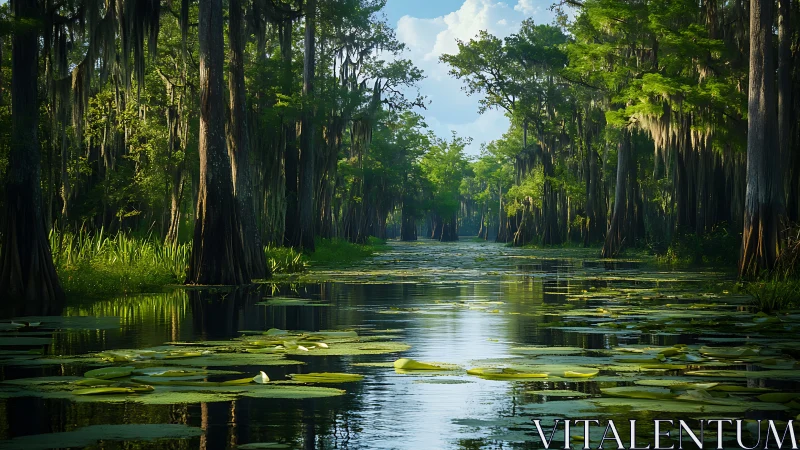 Sunlit bayou corridor of cypress sentinels and lily mirrors.