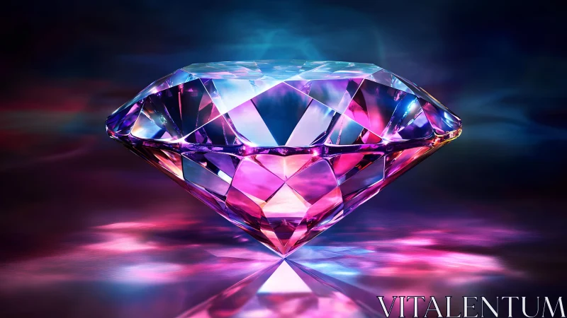 Brilliant cut diamond with vibrant neon reflections, digital art.