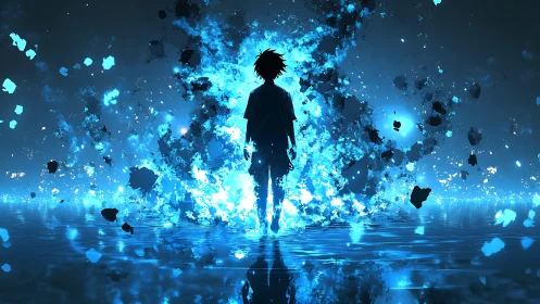 Backlit energy silhouette amid blue particulate detonation.