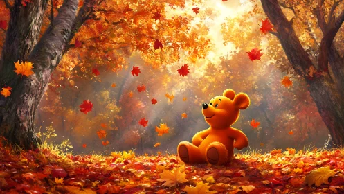 Orange bear under autumn trees with falling leaves.