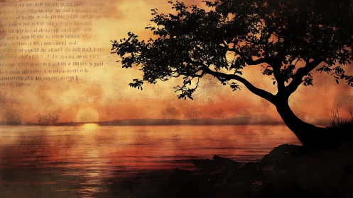 Silhouetted shoreline tree against textured orange sunset sky