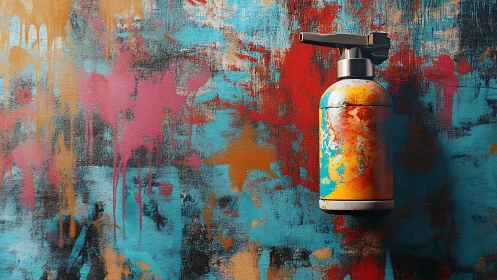 Color-splashed spray can against a wild painted wall.