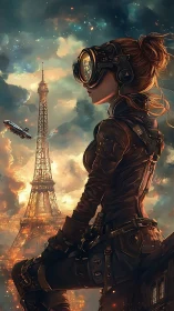Steampunk scout in flight goggles overlooking neon Paris skyline.