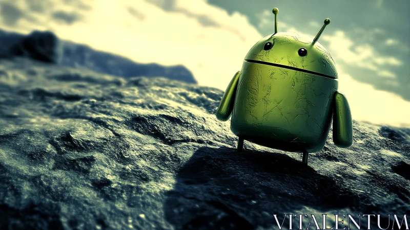 Weathered green android robot rendered on rocky terrain with DOF