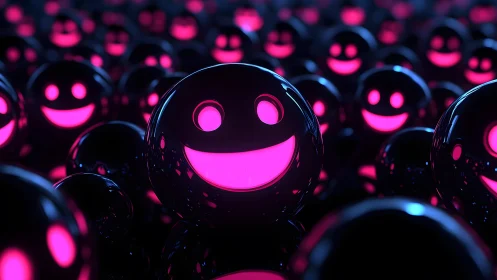 Neon Pink Smiley Faces on Glossy Black Spheres, Digital Art Scene.