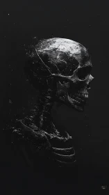 Fragmenting skeletal profile rendered in monochrome space.
