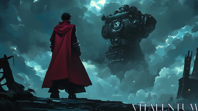 Scarlet wanderer confronts a clockwork titan in stormed sky.