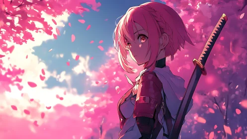 Anime swordswoman under dynamic cherry blossoms with warm bokeh