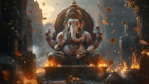 Divine elephant deity statue amid firelit temple ruins.
