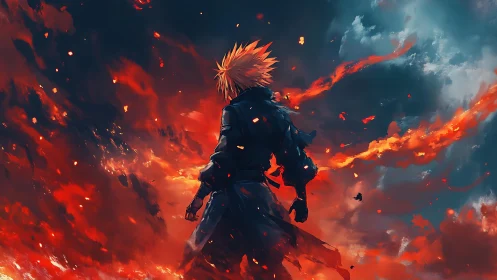 Lone flame-haired wanderer striding through a storm of embers.