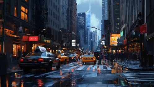 Rain-slick neon avenue where yellow cabs chase city twilight.