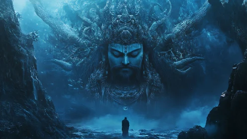 Monolithic oceanic deity face emerging from abyssal mist.