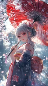 Kimono-clad girl holding red parasol under cherry blossoms.