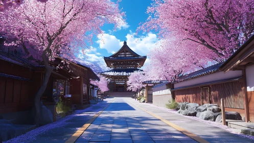 Cherry blossoms frame tranquil path toward wooden temple