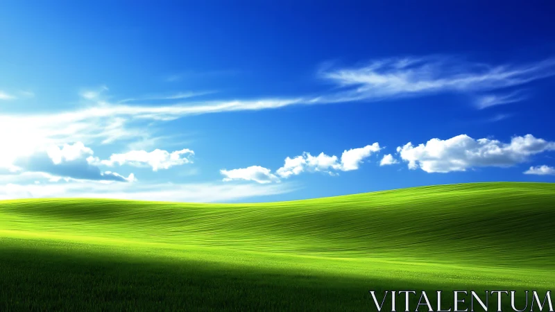 Vivid green hills roll beneath a deep serene summer sky