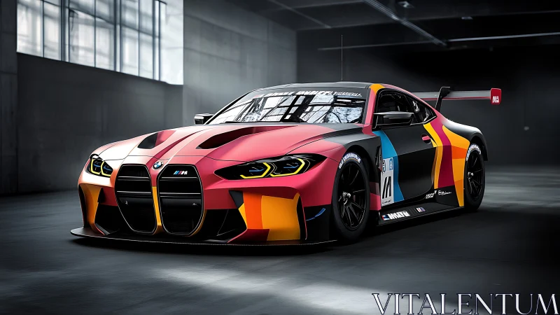 Racing prism slips through shadows in a neon-laced workshop