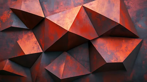 Rust-red geometric facets carve sculptural metal wall plane.