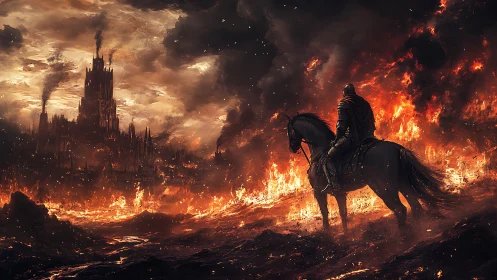 Digital painting of armored rider before burning citadel.