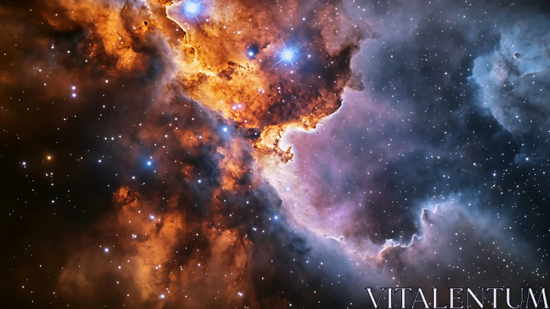 Stellar nursery nebula glows with blue stars and golden dust.