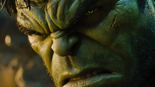 Hyperreal green-skinned humanoid face in intense close-up