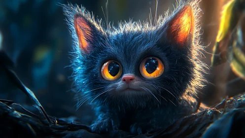 Digital painting of luminous-eyed kitten in cinematic close-up.
