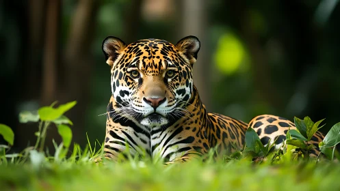 Jaguar resting in rainforest understory, shallow depth of field.