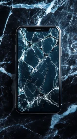 Shattered smartphone screen mirrored on dark marble surface.
