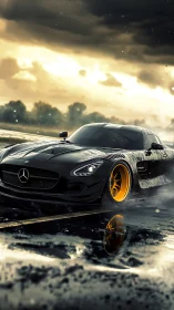 Midnight-black supercar chasing light on a wet runway.