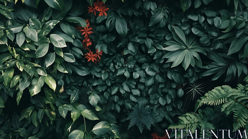 Lush emerald foliage wall with vivid red tropical blooms.